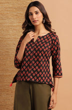 Janasya Women's Black Cotton Floral Print Regular Top - Distacart