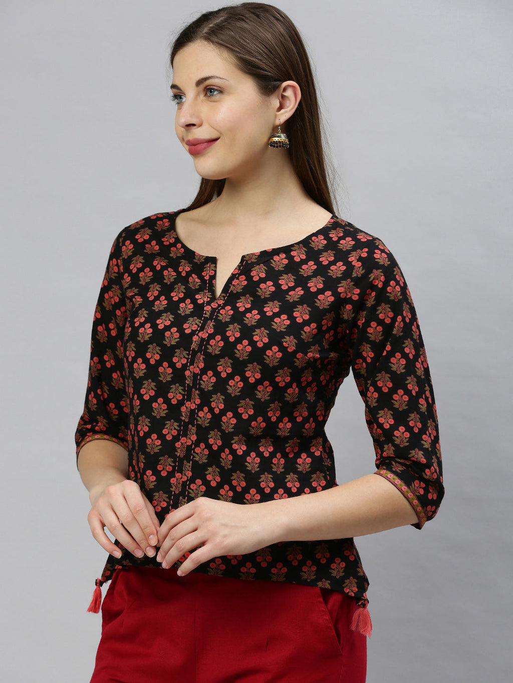 Janasya Women's Black Cotton Floral Print Regular Top - Distacart