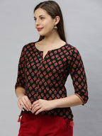 Janasya Women's Black Cotton Floral Print Regular Top - Distacart