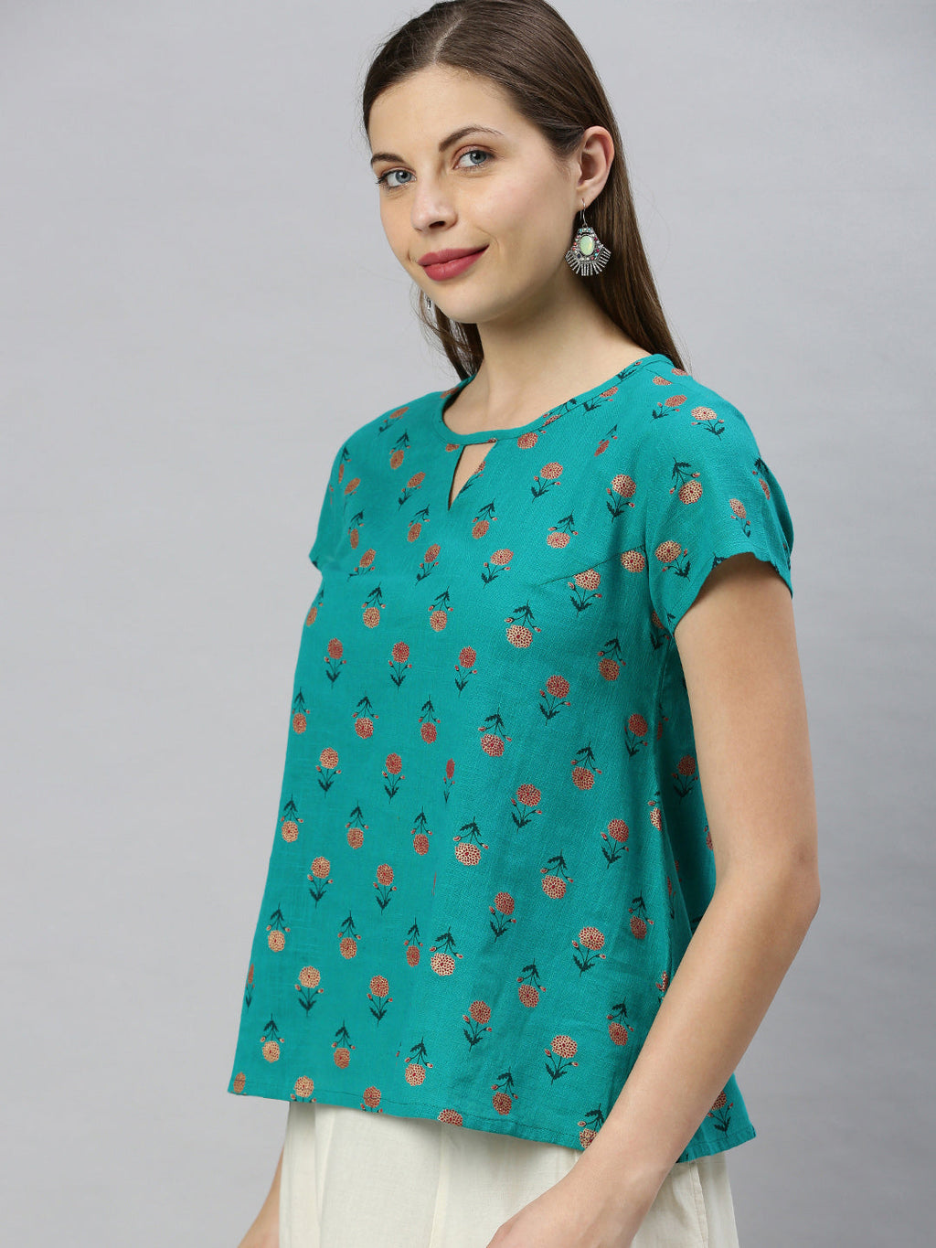 Janasya Women's Teal Cotton Slub Floral Print Regular Top - Distacart
