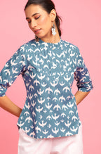 Janasya Women's Blue Cotton Animal Print Regular Top - Distacart