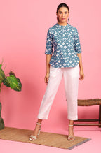Janasya Women's Blue Cotton Animal Print Regular Top - Distacart
