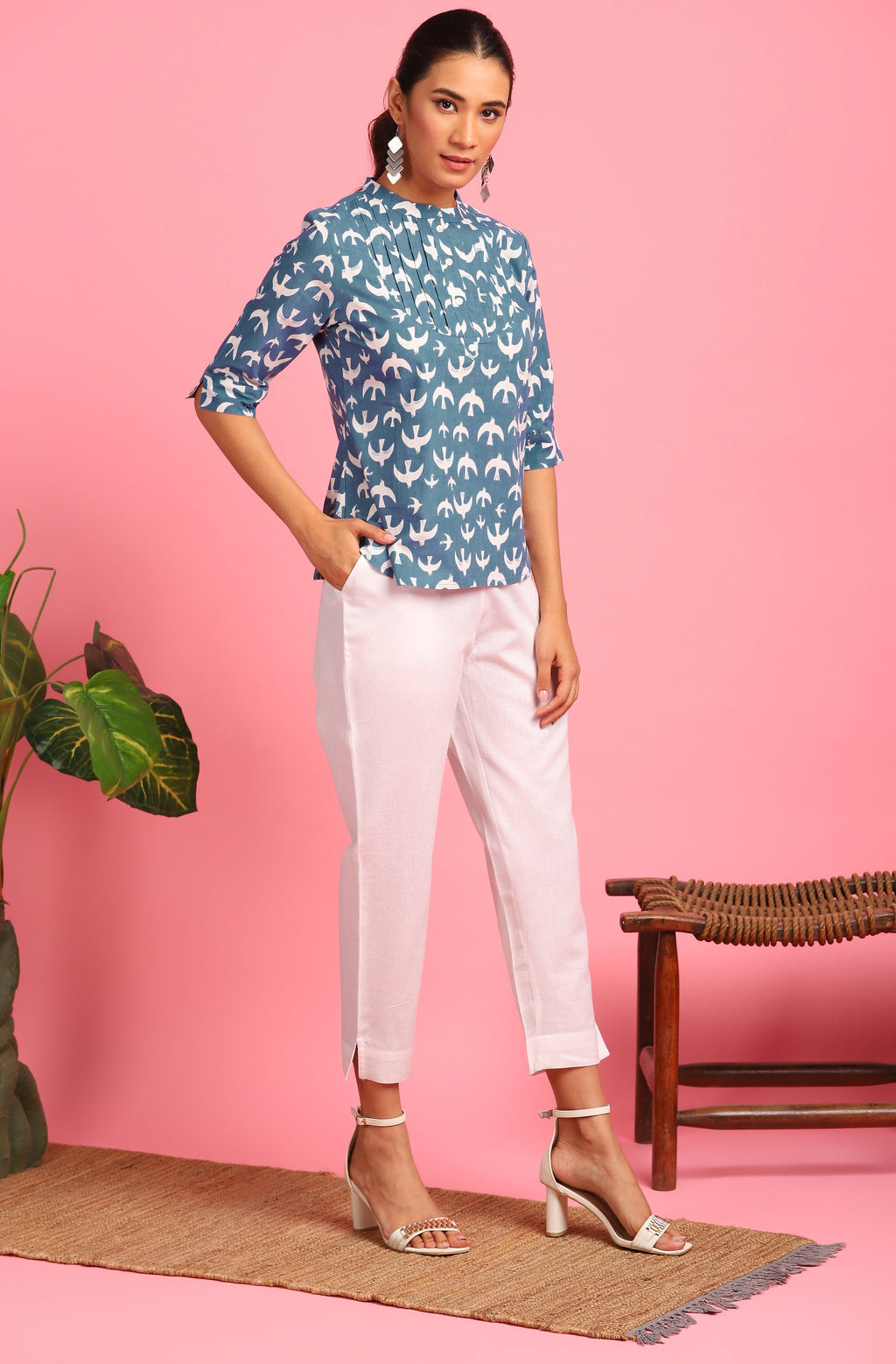 Janasya Women's Blue Cotton Animal Print Regular Top - Distacart