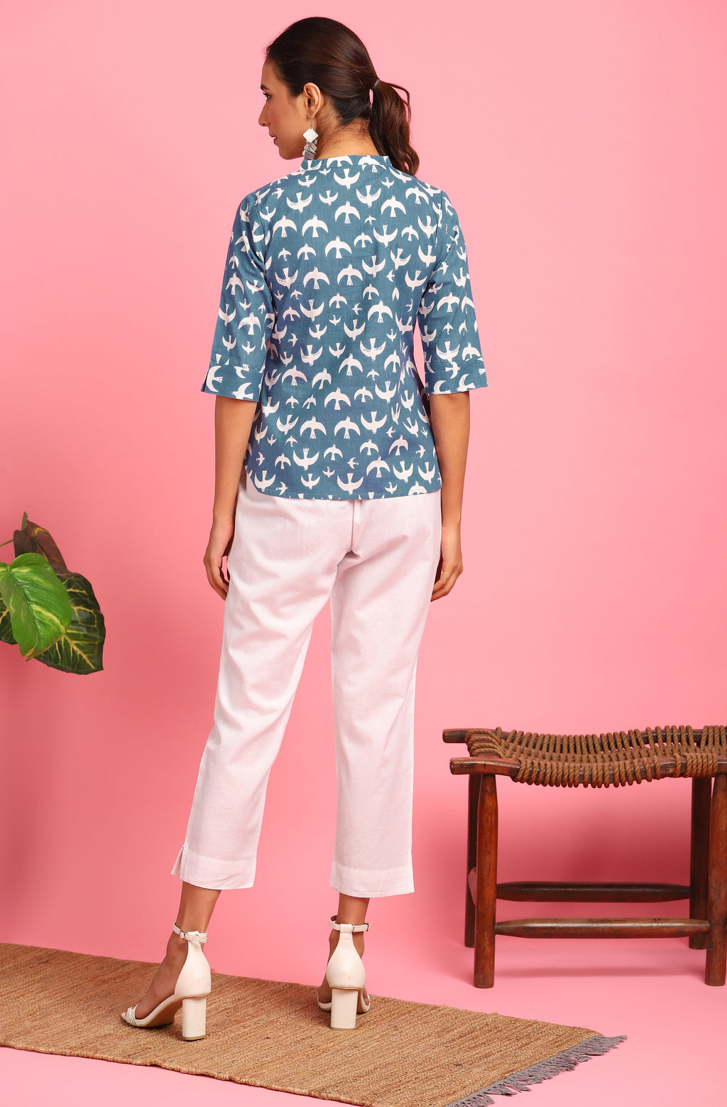 Janasya Women's Blue Cotton Animal Print Regular Top - Distacart