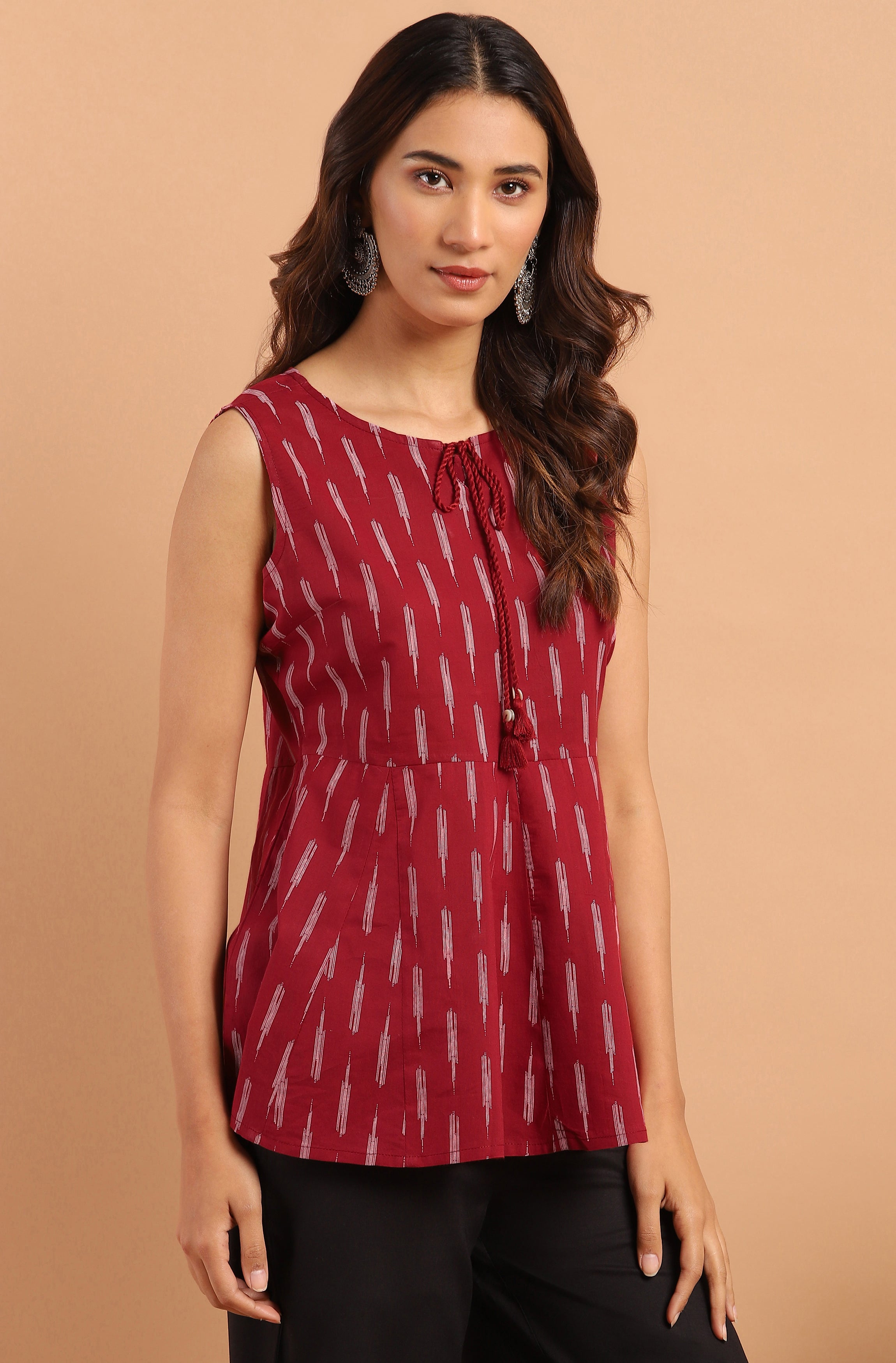Janasya Women's Maroon Cotton Geometric Print Peplum Top - Distacart
