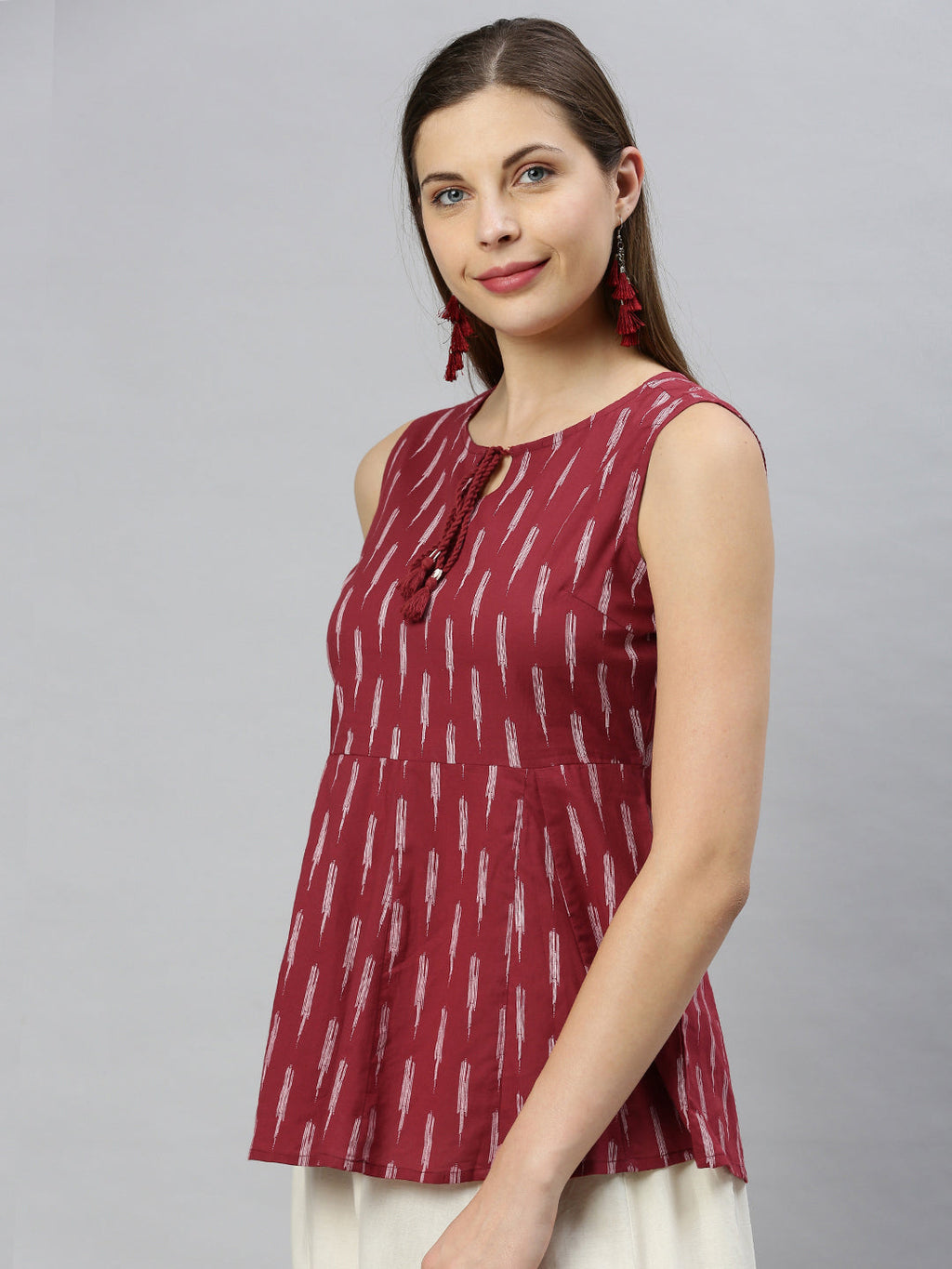Janasya Women's Maroon Cotton Geometric Print Peplum Top - Distacart