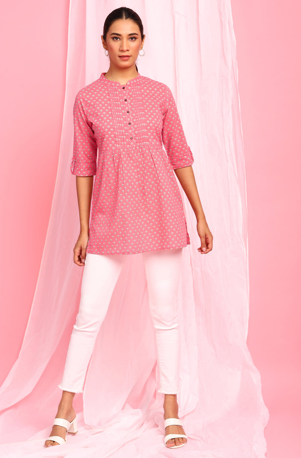 Janasya Women's Pink Cotton Floral Print Empire Waist Tunic - Distacart