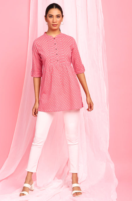 Janasya Women's Pink Cotton Floral Print Empire Waist Tunic
