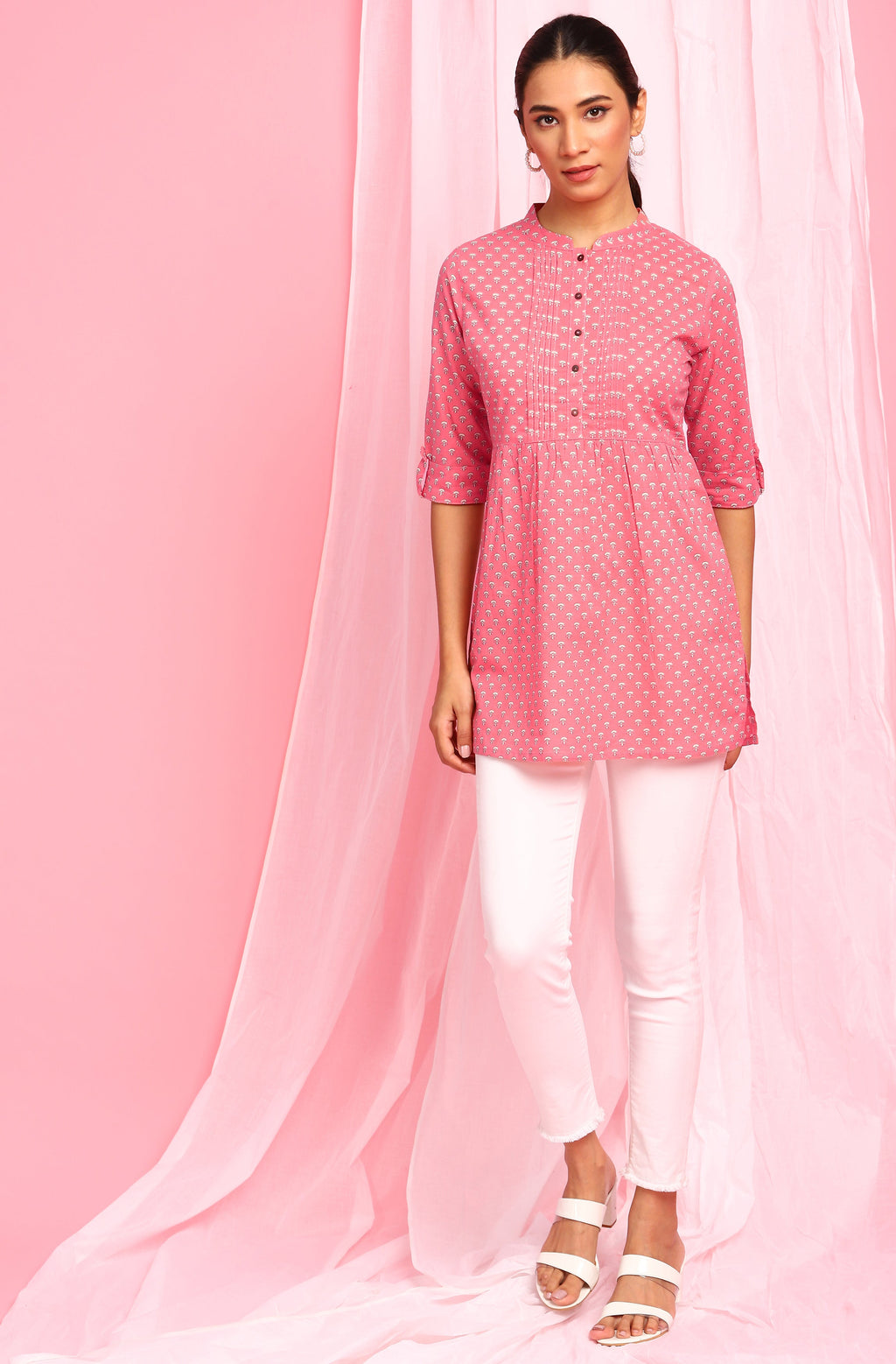 Janasya Women's Pink Cotton Floral Print Empire Waist Tunic - Distacart