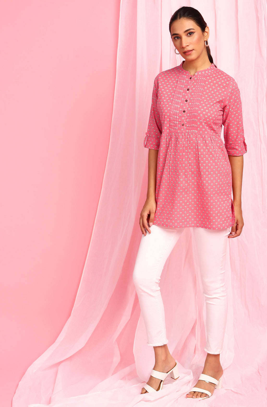 Janasya Women's Pink Cotton Floral Print Empire Waist Tunic - Distacart