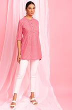 Janasya Women's Pink Cotton Floral Print Empire Waist Tunic - Distacart