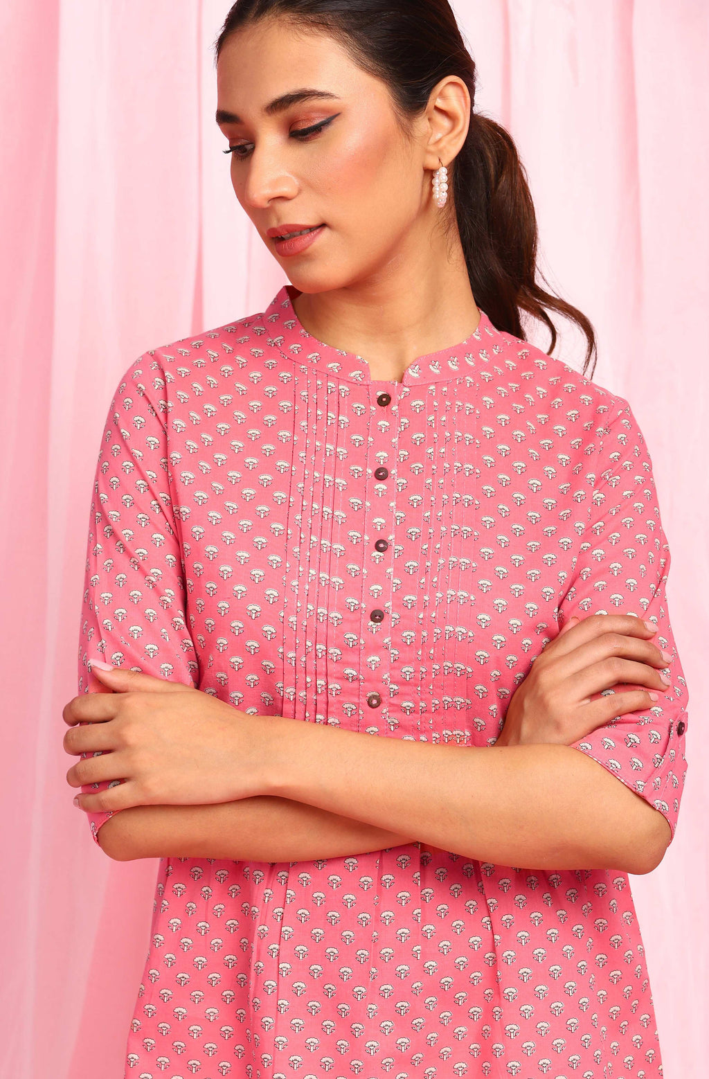 Janasya Women's Pink Cotton Floral Print Empire Waist Tunic - Distacart