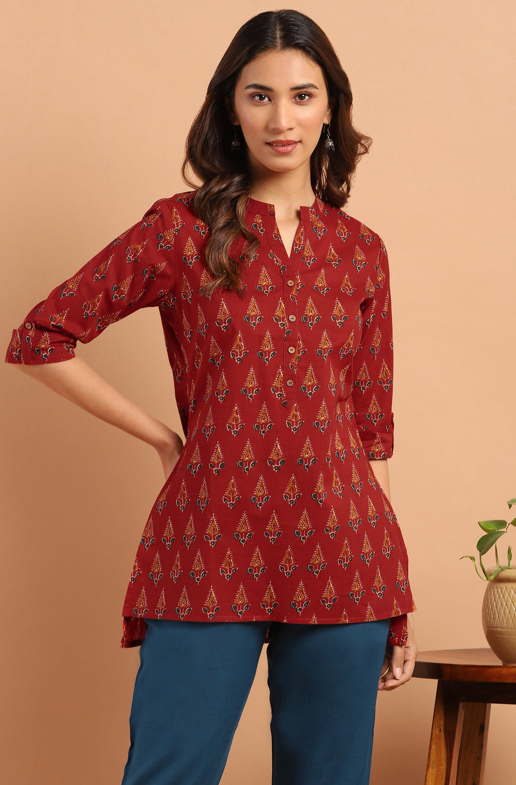 Janasya Women's Red Cotton Ethnic Motifs Straight Tunic - Distacart