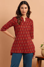 Janasya Women's Red Cotton Ethnic Motifs Straight Tunic - Distacart