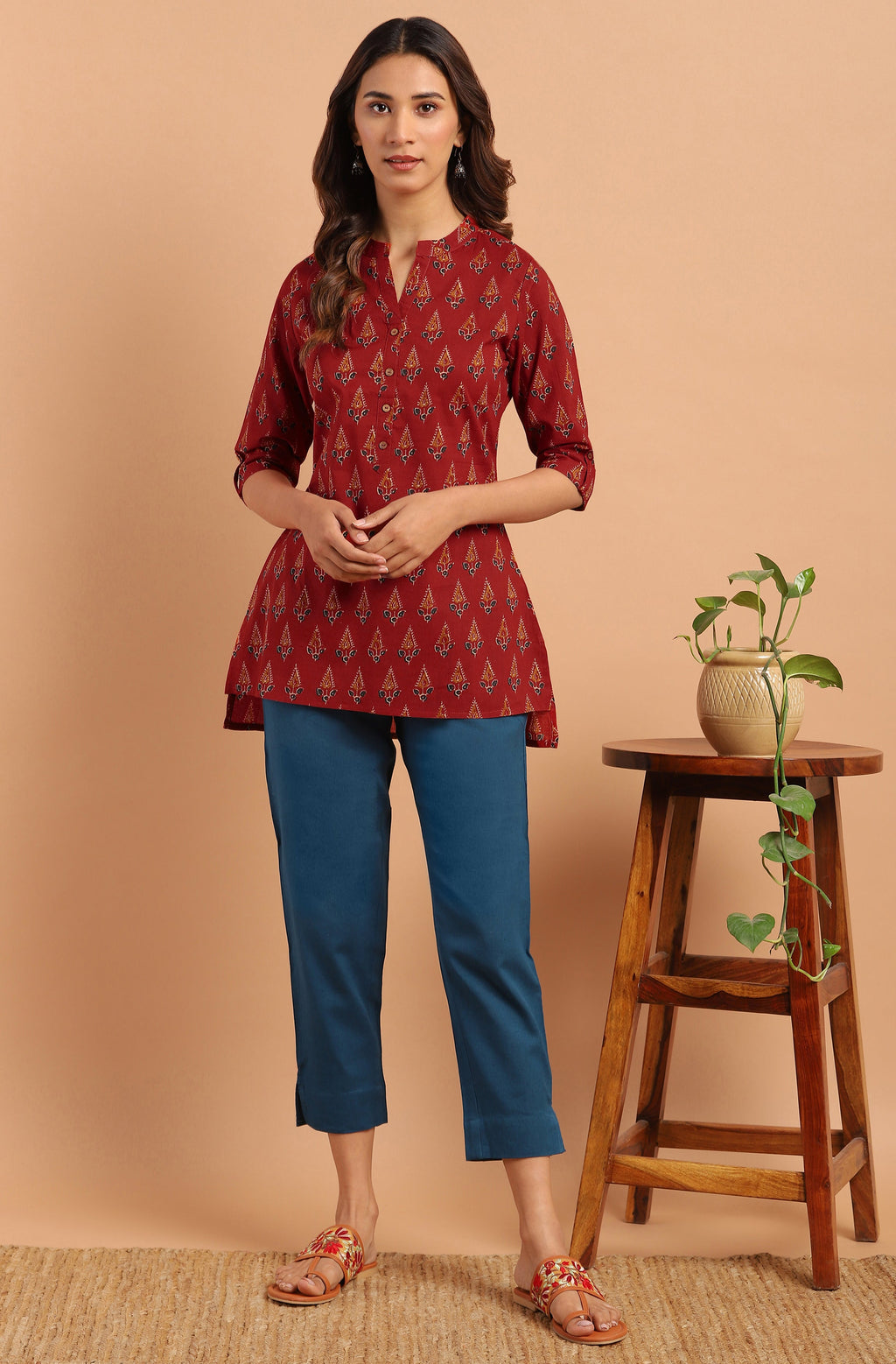 Janasya Women's Red Cotton Ethnic Motifs Straight Tunic - Distacart