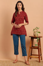 Janasya Women's Red Cotton Ethnic Motifs Straight Tunic - Distacart