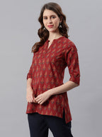 Janasya Women's Red Cotton Ethnic Motifs Straight Tunic - Distacart