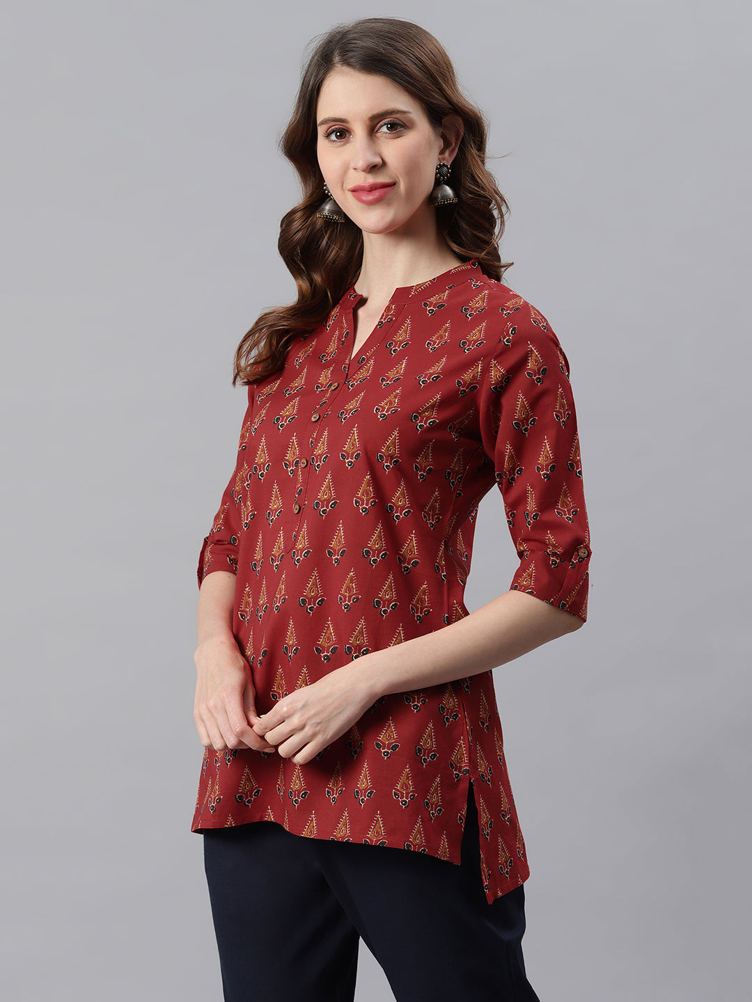 Janasya Women's Red Cotton Ethnic Motifs Straight Tunic - Distacart
