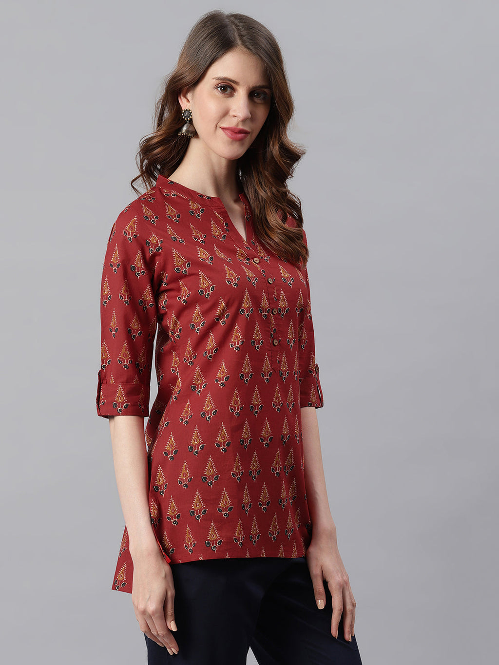 Janasya Women's Red Cotton Ethnic Motifs Straight Tunic - Distacart