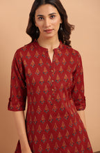 Janasya Women's Red Cotton Ethnic Motifs Straight Tunic - Distacart