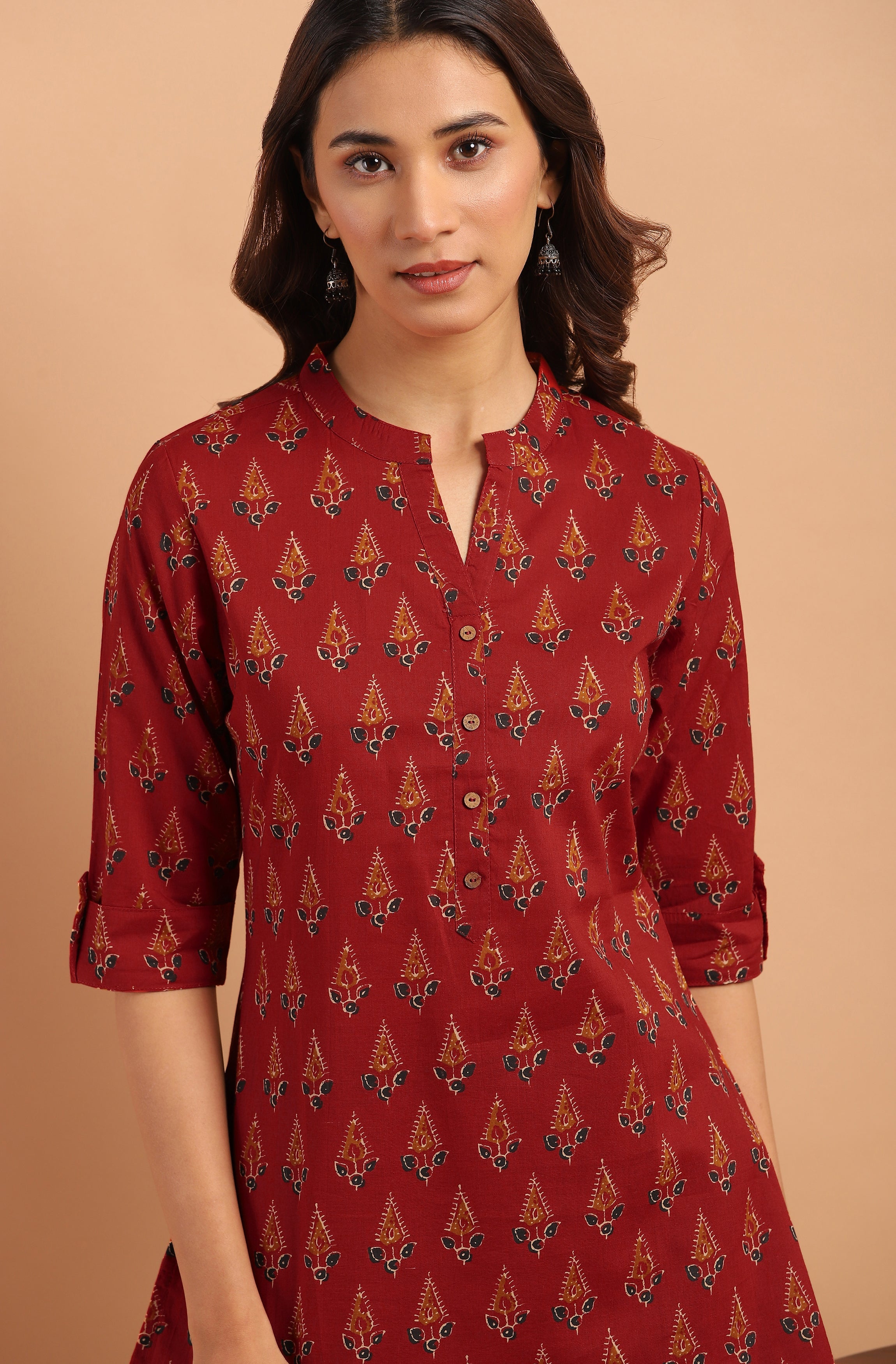 Janasya Women's Red Cotton Ethnic Motifs Straight Tunic - Distacart