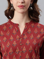 Janasya Women's Red Cotton Ethnic Motifs Straight Tunic - Distacart