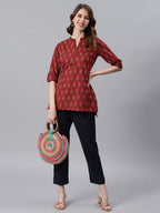 Janasya Women's Red Cotton Ethnic Motifs Straight Tunic - Distacart