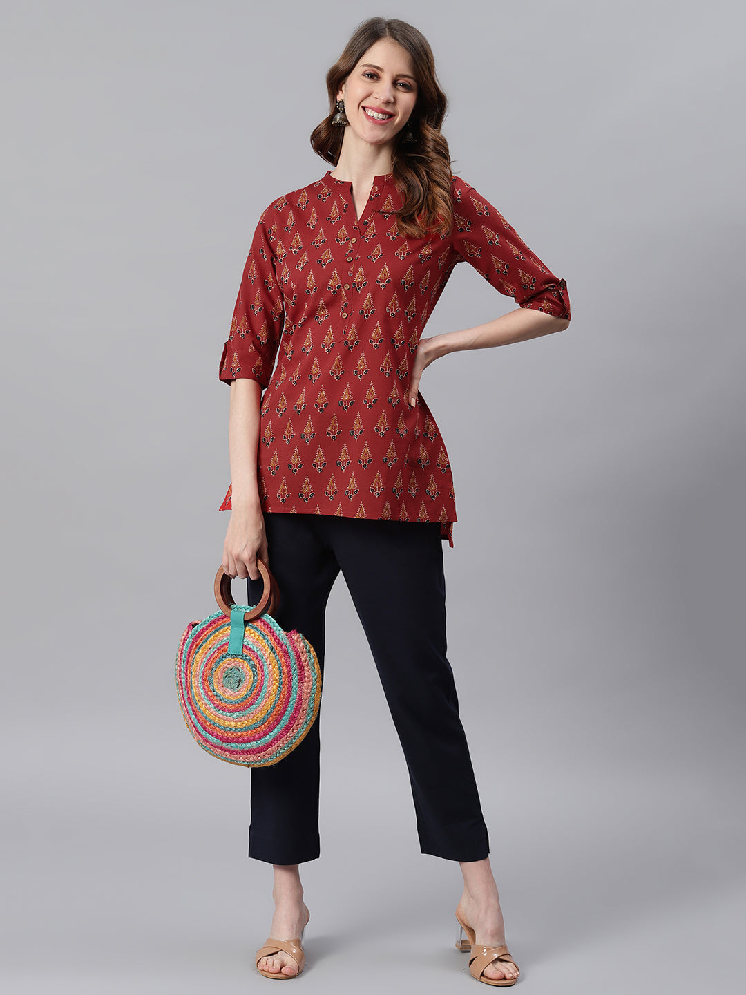 Janasya Women's Red Cotton Ethnic Motifs Straight Tunic - Distacart