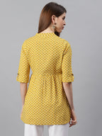 Janasya Women's Mustard Cotton Slub Floral Print Straight Tunic - Distacart