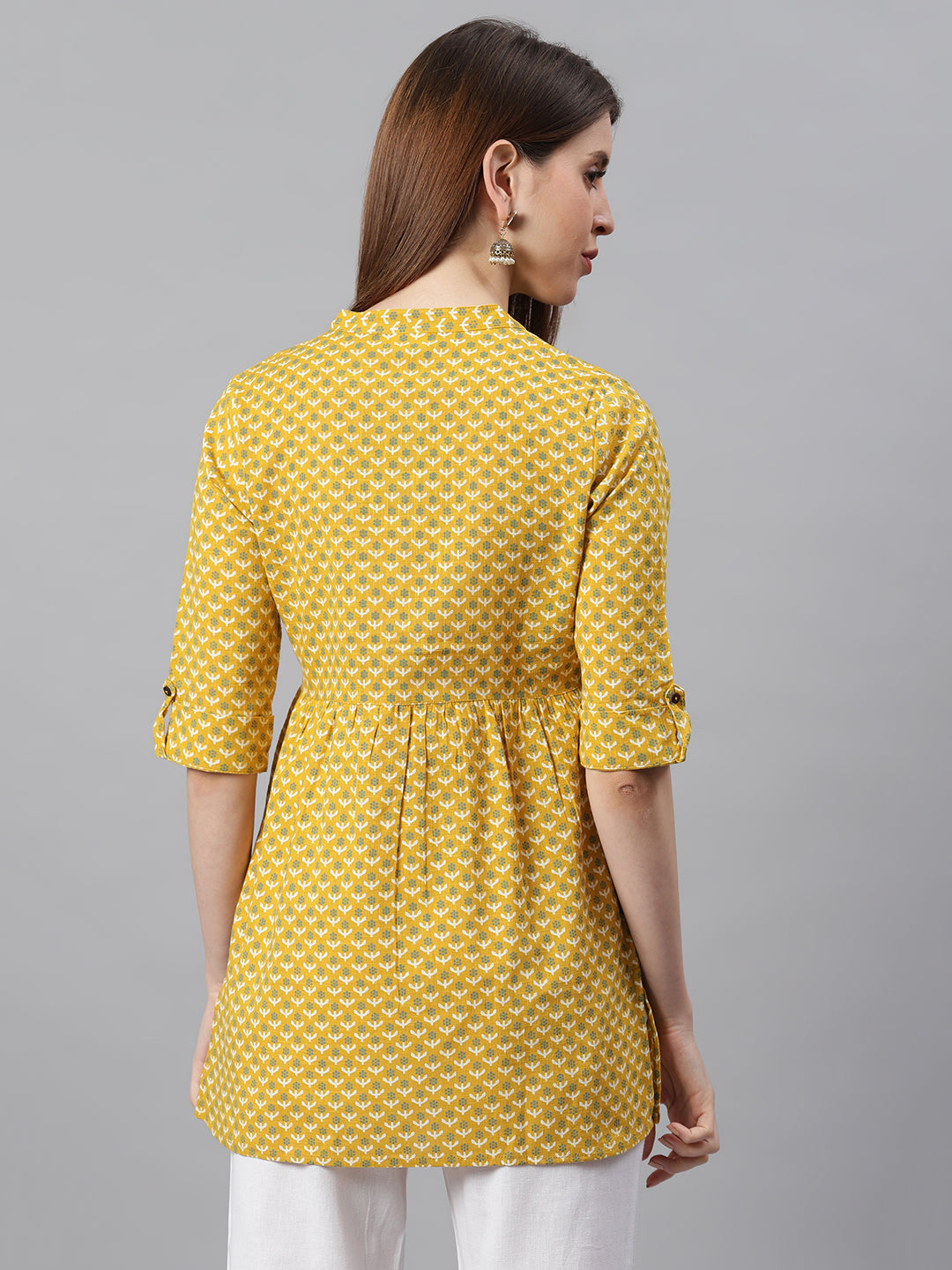 Janasya Women's Mustard Cotton Slub Floral Print Straight Tunic - Distacart