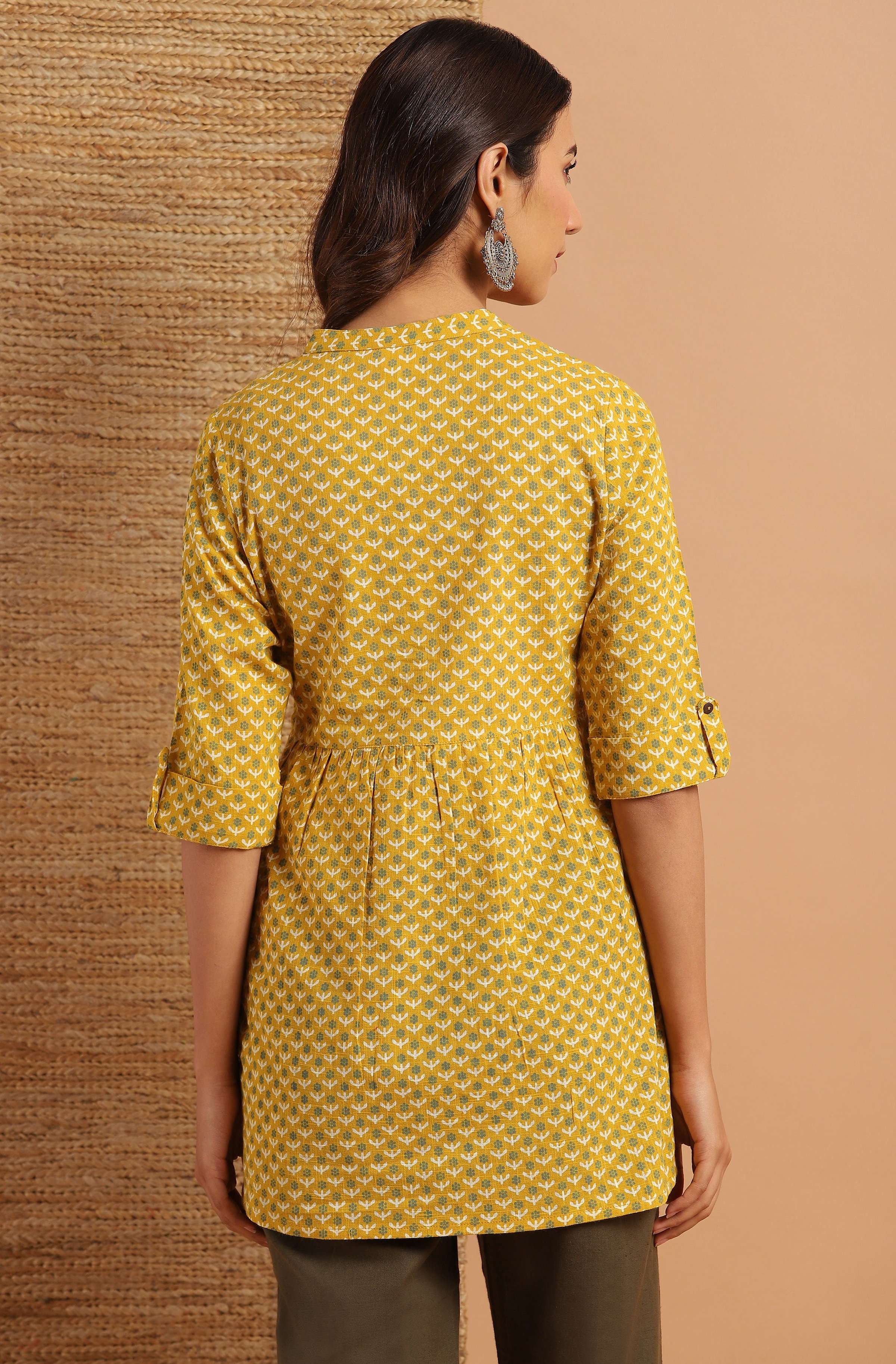 Janasya Women's Mustard Cotton Slub Floral Print Straight Tunic - Distacart