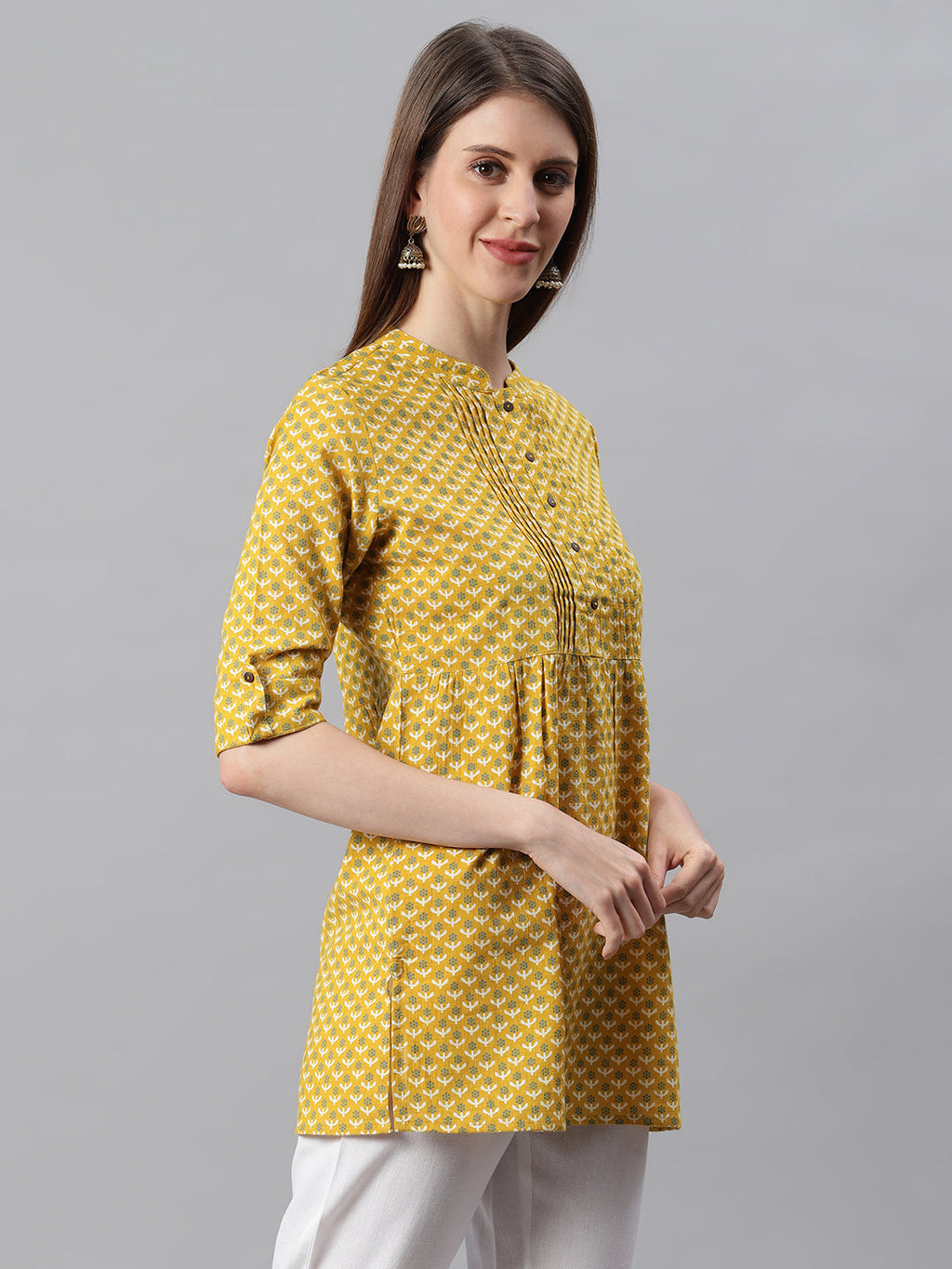 Janasya Women's Mustard Cotton Slub Floral Print Straight Tunic - Distacart