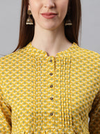 Janasya Women's Mustard Cotton Slub Floral Print Straight Tunic - Distacart