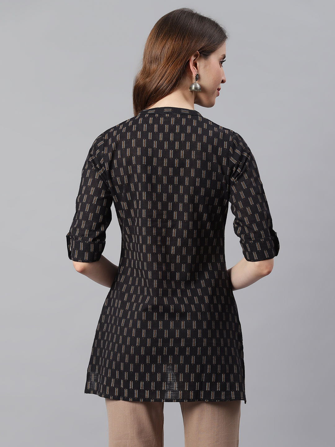 Janasya Women's Black Cotton Slub Geometric Print Straight Tunic - Distacart