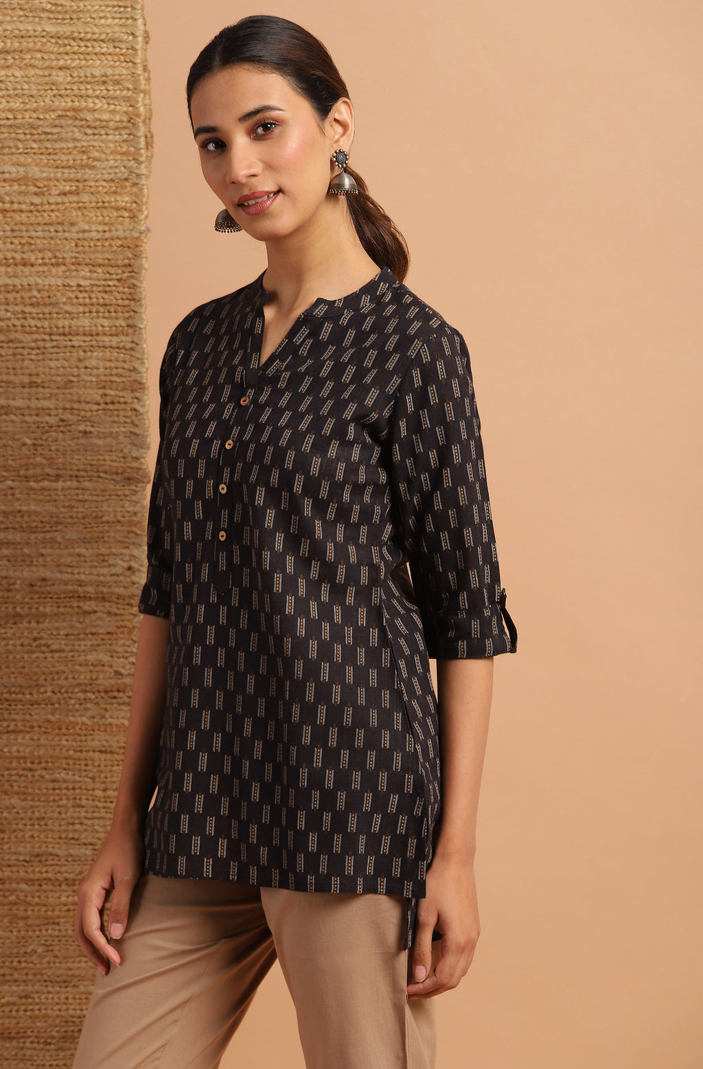 Janasya Women's Black Cotton Slub Geometric Print Straight Tunic - Distacart