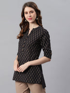 Janasya Women's Black Cotton Slub Geometric Print Straight Tunic - Distacart