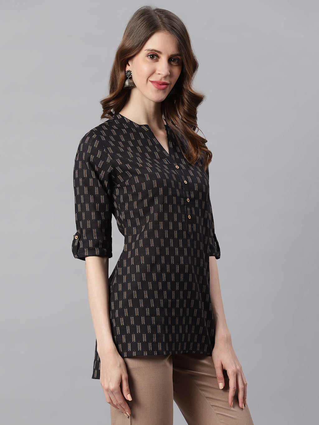 Janasya Women's Black Cotton Slub Geometric Print Straight Tunic - Distacart