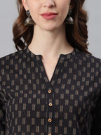 Janasya Women's Black Cotton Slub Geometric Print Straight Tunic - Distacart