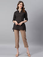 Janasya Women's Black Cotton Slub Geometric Print Straight Tunic - Distacart