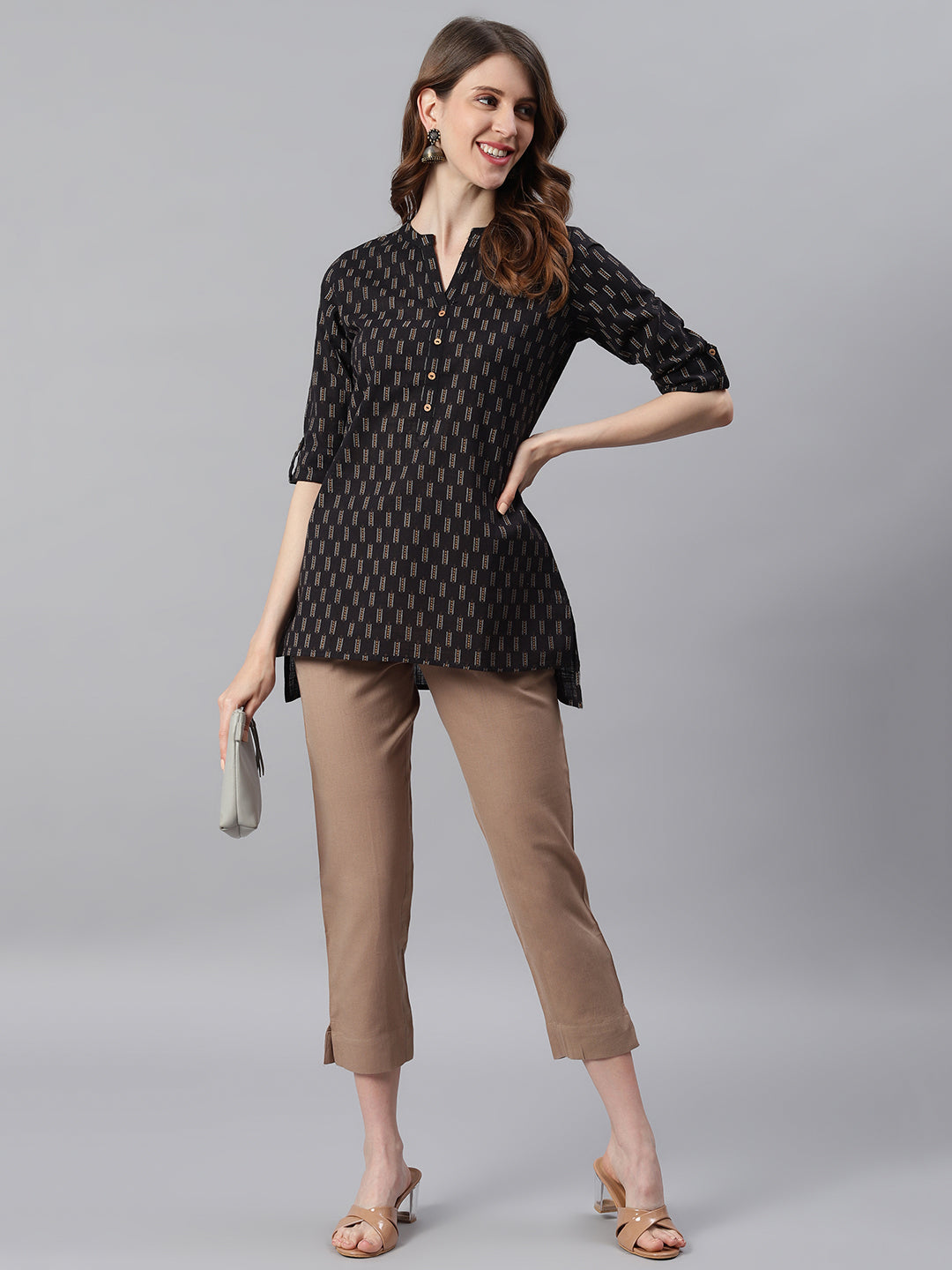 Janasya Women's Black Cotton Slub Geometric Print Straight Tunic - Distacart