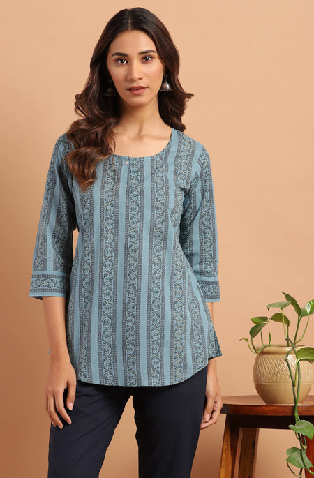 Janasya Women's Blue Cotton Floral Print Straight Tunic