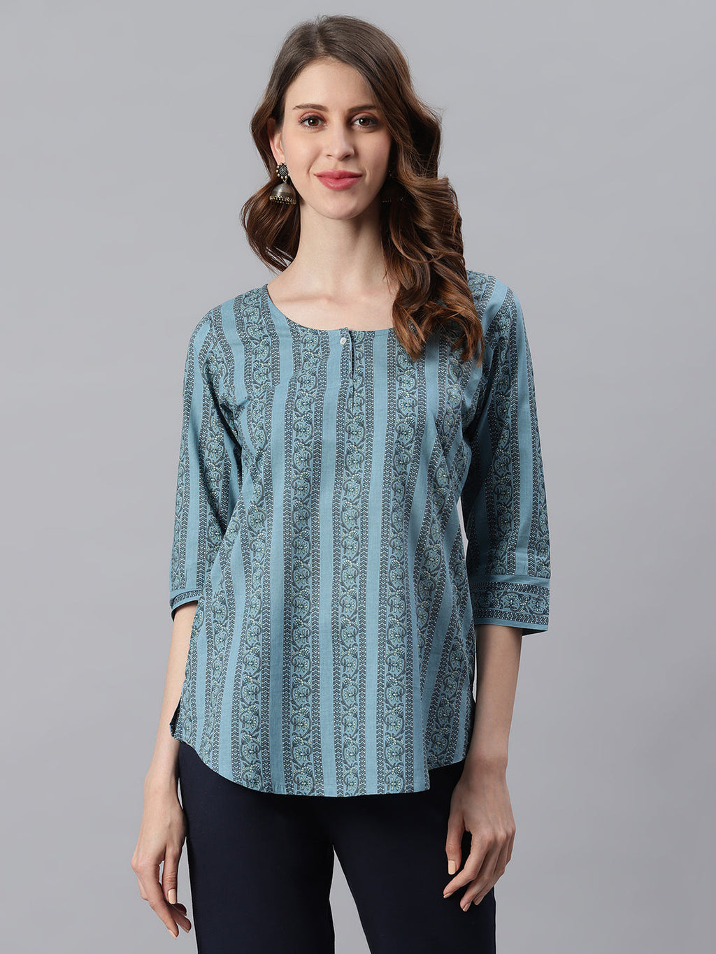 Janasya Women's Blue Cotton Floral Print Straight Tunic - Distacart