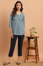 Janasya Women's Blue Cotton Floral Print Straight Tunic - Distacart