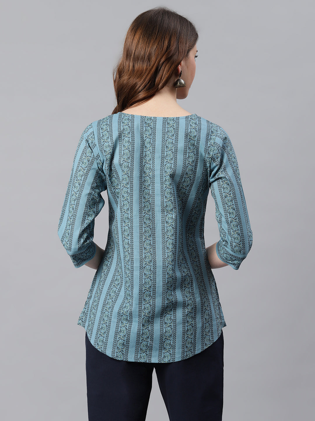 Janasya Women's Blue Cotton Floral Print Straight Tunic - Distacart