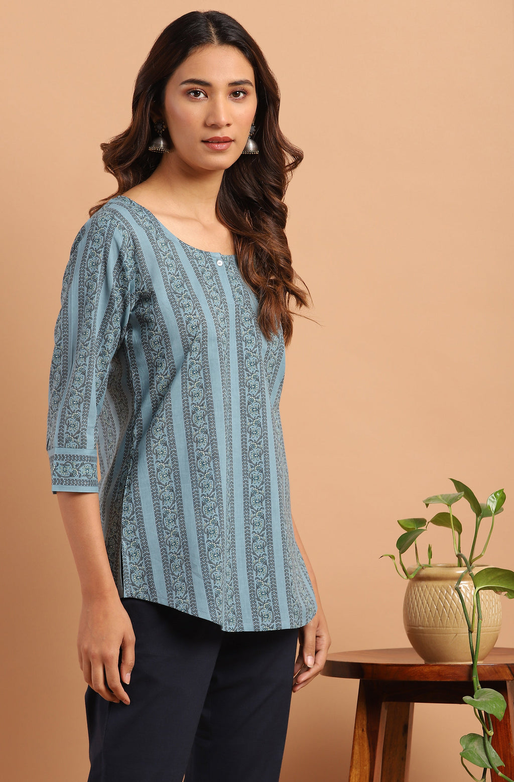 Janasya Women's Blue Cotton Floral Print Straight Tunic - Distacart
