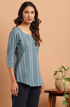 Janasya Women's Blue Cotton Floral Print Straight Tunic - Distacart