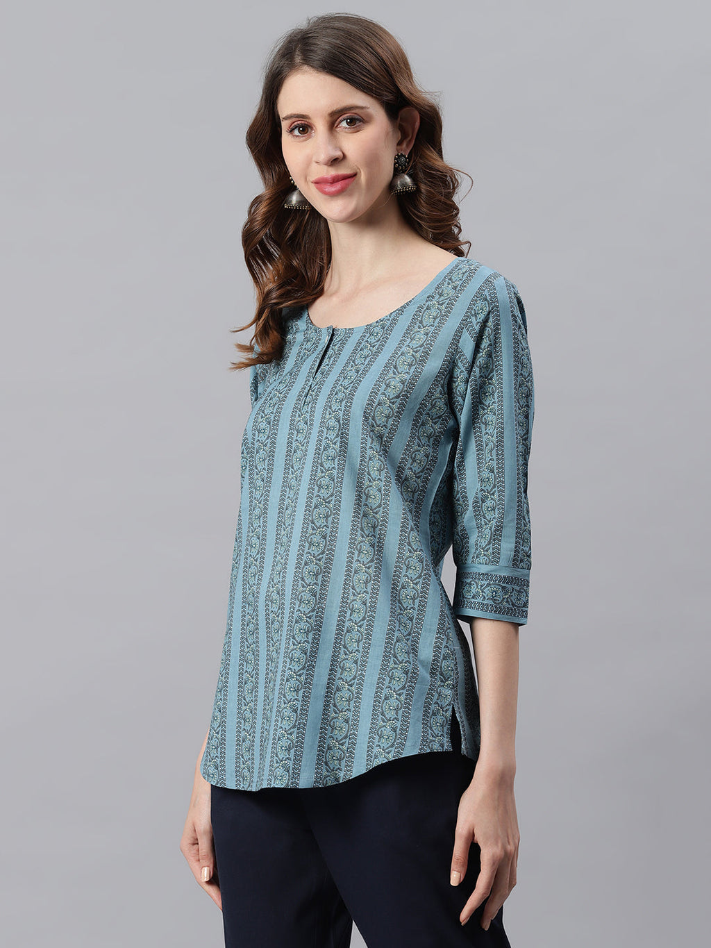 Janasya Women's Blue Cotton Floral Print Straight Tunic - Distacart