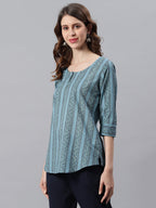 Janasya Women's Blue Cotton Floral Print Straight Tunic - Distacart
