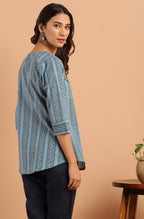 Janasya Women's Blue Cotton Floral Print Straight Tunic - Distacart