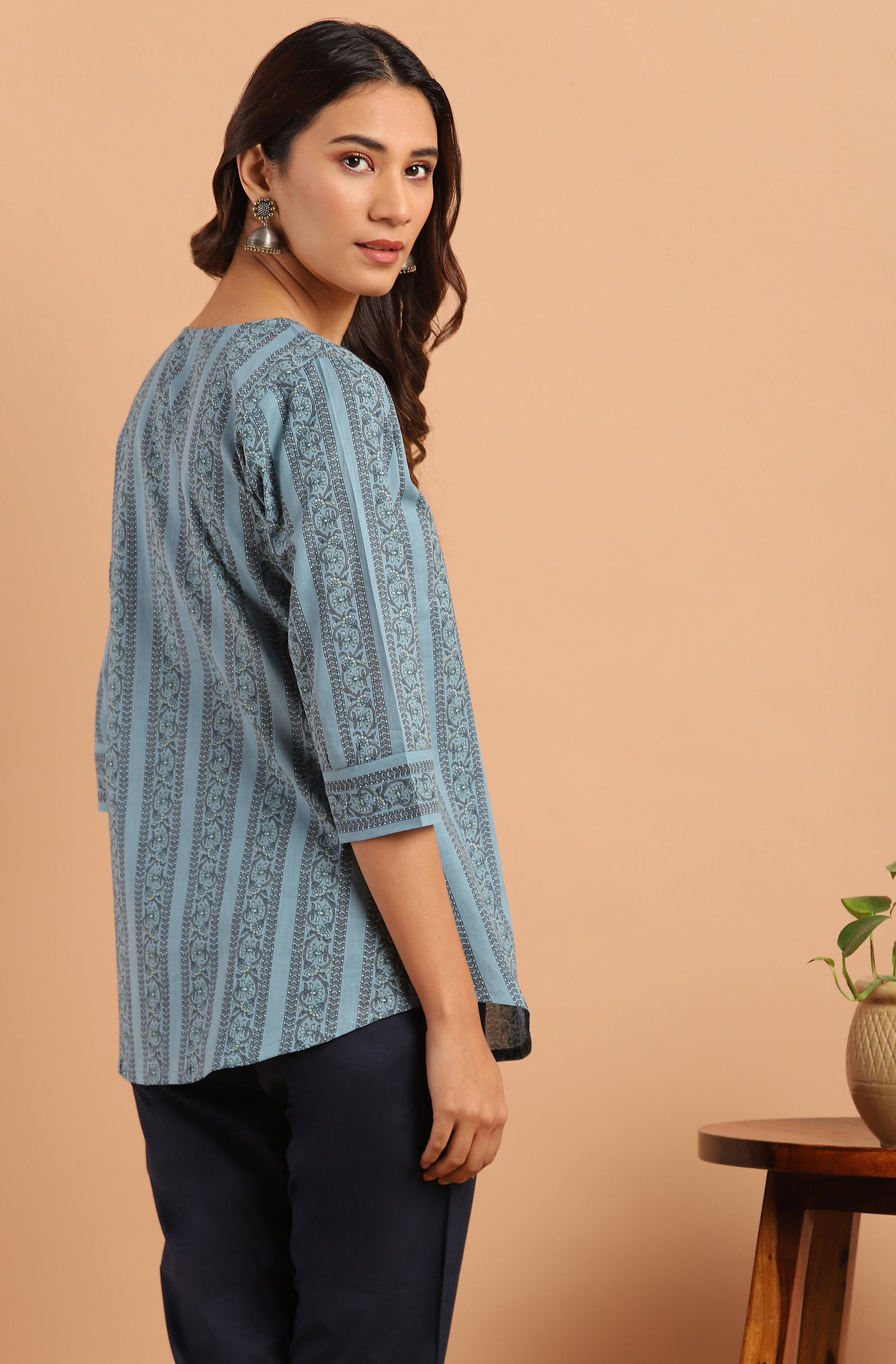 Janasya Women's Blue Cotton Floral Print Straight Tunic - Distacart